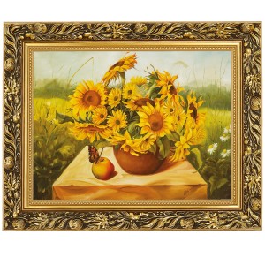 Reprodukce ve zlatém rámu v rozměru 30x40 cm – Slunečnice s motýlem, E Misiewicz