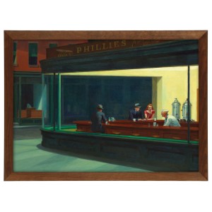 Reprodukce obrazu v hnědém rámu v rozměru 70x50 cm - EDWARD HOPPER ,,HOPPER NIGHTHAWKS 1942,,