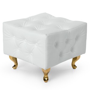 Bílý prošívaný taburet z eko-kůže se zlatými nohami