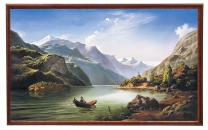 Reprodukce obrazu v dřevěném rámu, 60x100 cm – Horská krajina s lodí, Marian Kaszuba