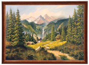 Reprodukce obrazu v dřevěném rámu, 50x70 cm - Krajina s vodopádem, Krzysztof Nowaczyński
