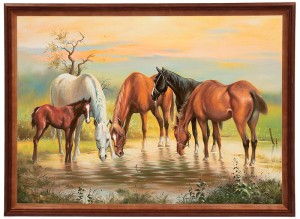 Reprodukce obrazu v dřevěném rámu 50x70 cm - Koně u napajedla, Adam Lis