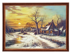 Reprodukce obrazu v dřevěném rámu, 50x70 cm – Zima. Západ slunce