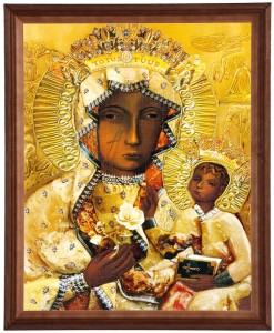 Reprodukce v dřevěném rámu o velikosti 40x50 cm s náboženskou tematikou - Panna Marie Jantarová