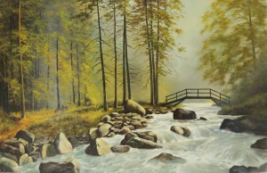 Originální olejomalba na plátně 65x100 cm Potok v parku Kašuba originál