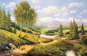 Oryginalny Obraz olejny na płótnie 65x100 cm Brzozy przy drodze Nowaczyński Oryginał