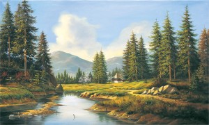 Originální olejomalba na plátně 65x100 cm Smrky u řeky Kašuby Originál