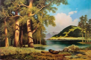 Originální olejomalba na plátně 65x100 cm Loď pod borovicemi Kašuba originál