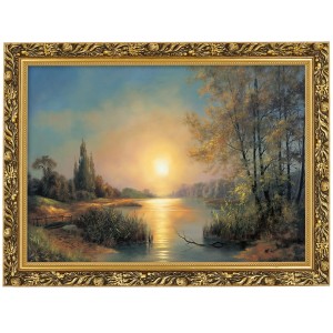 Reprodukce ve zlatém rámu 50x70 cm - Lake. Západ slunce, M. Lorens