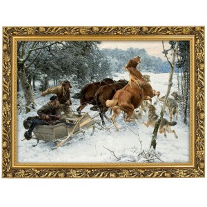 Reprodukce ve zlatém rámu 50x70 cm - Útok vlků, Alfred Wierusz Kowalski