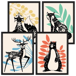 Galerie 4 plakátů 30x40 cm „Zvířata II“ – nástěnná koláž ze 3 fotografií, grafik a obrazů v černých rámech