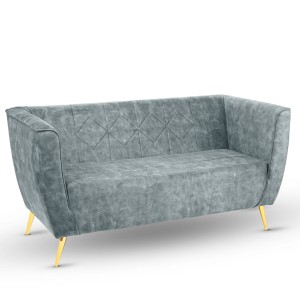 Pohovka Lara z velurové látky v ocelově šedé barvě s prošíváním a zlatými nožkami