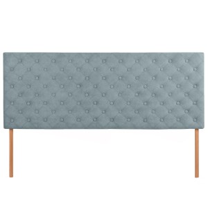 Čalouněné čelo postele 160×60 cm ve světle modré velurové látce s nožičkami – prošívané čelo s knoflíky