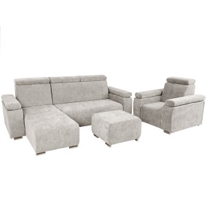 Levá nábytková sestava MILAN s nastavitelnými opěrkami hlavy a područkami v šedé barvě: křeslo, rohová pohovka, puf