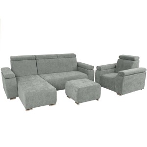 Levá nábytková sestava MILAN s nastavitelnými opěrkami hlavy a područkami v šedozelené barvě: křeslo, rohová pohovka, puf