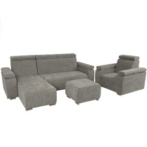 Levá nábytková sestava MILAN s nastavitelnými opěrkami hlavy a područkami v šedé barvě: křeslo, rohová pohovka, puf