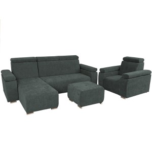 Levá nábytková sestava MILAN s nastavitelnými opěrkami hlavy a područkami v grafitové barvě: křeslo, rohová pohovka, puf