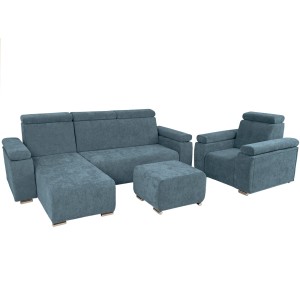 Levá nábytková sestava MILAN s nastavitelnými opěrkami hlavy a područkami v modré barvě: křeslo, rohová pohovka, puf