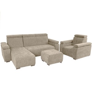 Levá nábytková sestava MILAN s nastavitelnými opěrkami hlavy a područkami v béžové barvě: křeslo, rohová pohovka, puf