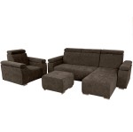 Pravá nábytková sestava MILAN s nastavitelnými opěrkami hlavy a područkami v hnědé barvě: křeslo, rohová pohovka, puf