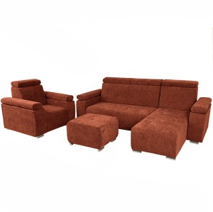 Pravá nábytková sestava MILAN s nastavitelnými opěrkami hlavy a područkami v cihlově červené barvě: křeslo, rohová pohovka, puf