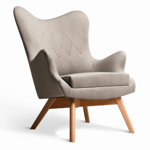 Křeslo Bergen v béžové barvě s dřevěnými nohami ve skandinávském stylu, potažené měkkou velurovou látkou