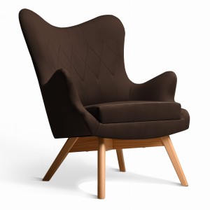 Křeslo Bergen v tmavě hnědé barvě s dřevěnými nohami ve skandinávském stylu, potažené měkkou velurovou látkou