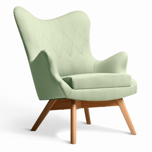 Křeslo Bergen v mátové barvě s dřevěnými nohami ve skandinávském stylu, potažené měkkou velurovou látkou