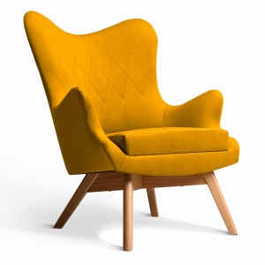 Křeslo Bergen v hořčicové barvě s dřevěnými nohami ve skandinávském stylu, potažené měkkou velurovou látkou