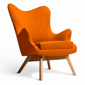 Křeslo Bergen v oranžové barvě s dřevěnými nohami ve skandinávském stylu, potažené měkkou velurovou látkou
