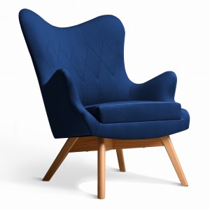 Křeslo Bergen v tmavě modré barvě s dřevěnými nohami ve skandinávském stylu, potažené měkkou velurovou látkou