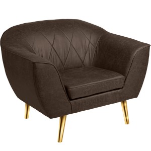 Křeslo z ekokůže Rosa se zlatými nohami v tmavě hnědé barvě s jemným prošitím