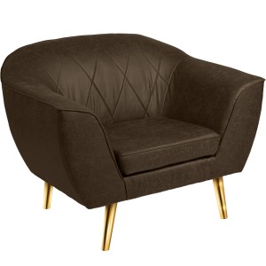 Křeslo z ekokůže Rosa se zlatými nohami v čokoládové barvě s jemným prošitím