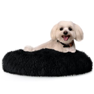 Chlupatý pelíšek SHAGGY 120x120x20 cm XXXXL pro psy a kočky z měkké chlupaté látky – černý polštářek s mráčky