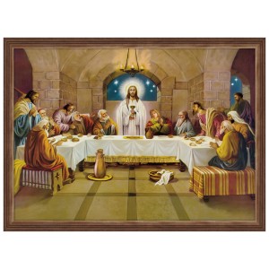 Reprodukce v dřevěném rámu o velikosti 50x70 cm s náboženskou tematikou – Poslední večeře Páně - podkova